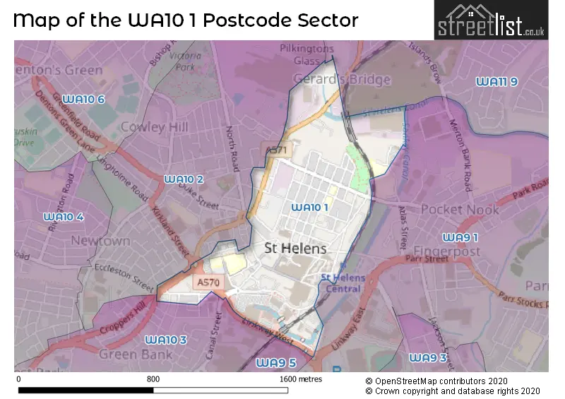 Map of the WA10 1 and surrounding postcode sector