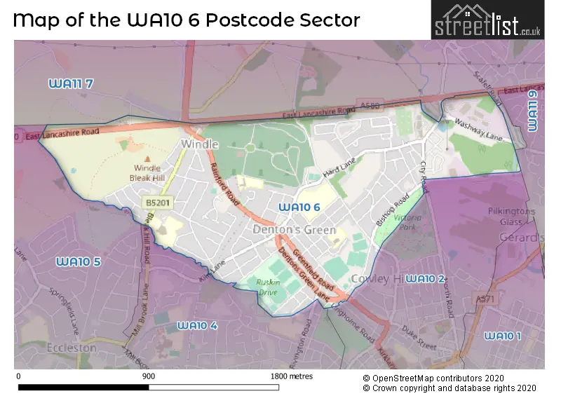 Map of the WA10 6 and surrounding postcode sector