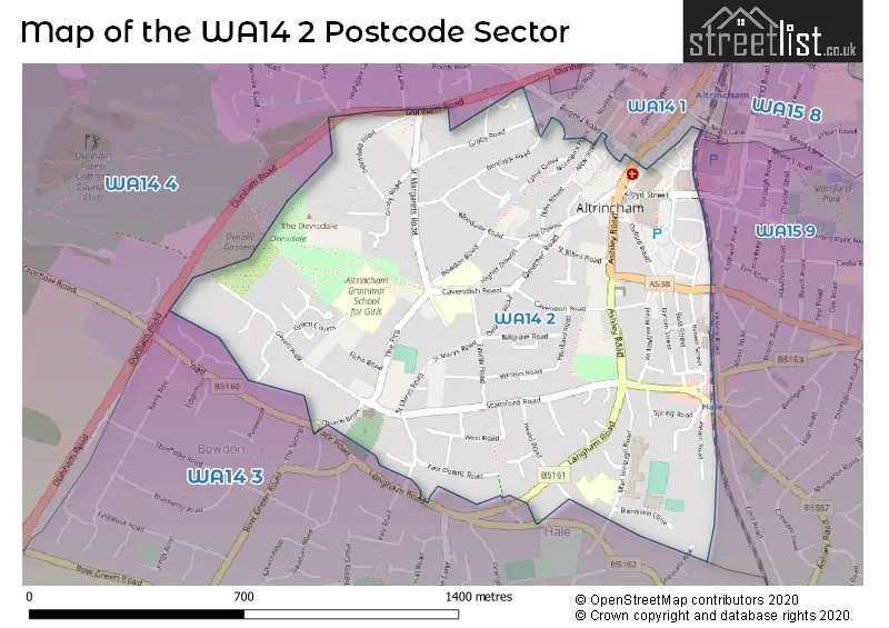 Map of the WA14 2 and surrounding postcode sector