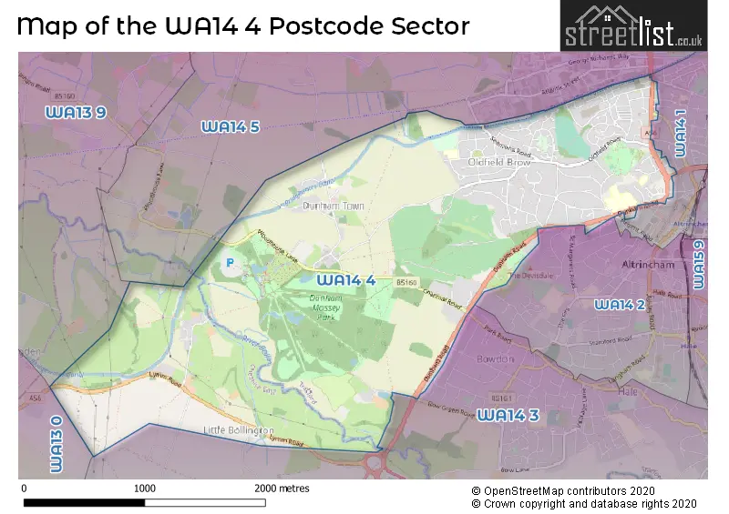 Map of the WA14 4 and surrounding postcode sector