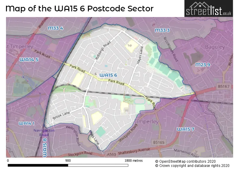 Map of the WA15 6 and surrounding postcode sector