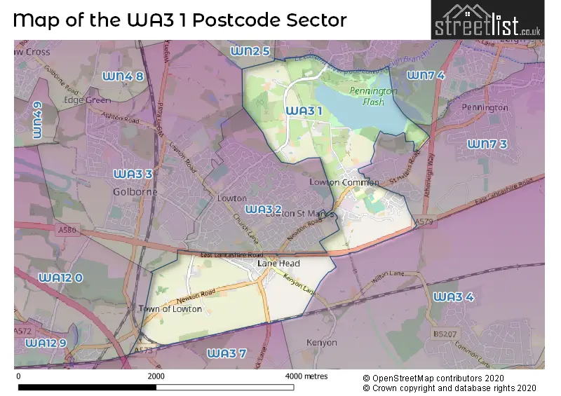 Map of the WA3 1 and surrounding postcode sector