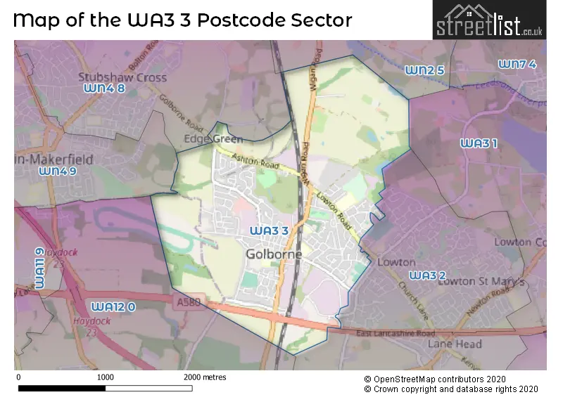 Map of the WA3 3 and surrounding postcode sector