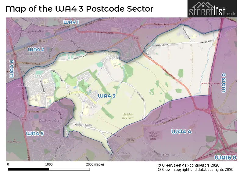 Map of the WA4 3 and surrounding postcode sector