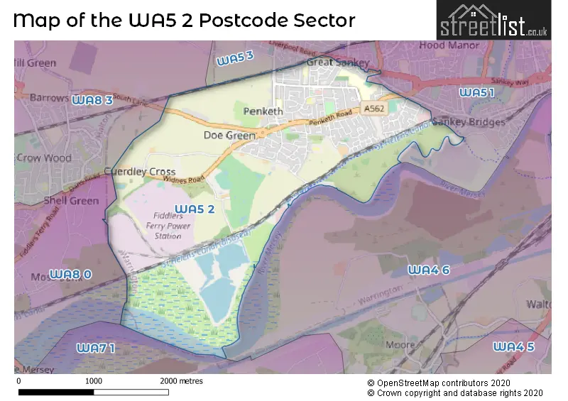 Map of the WA5 2 and surrounding postcode sector