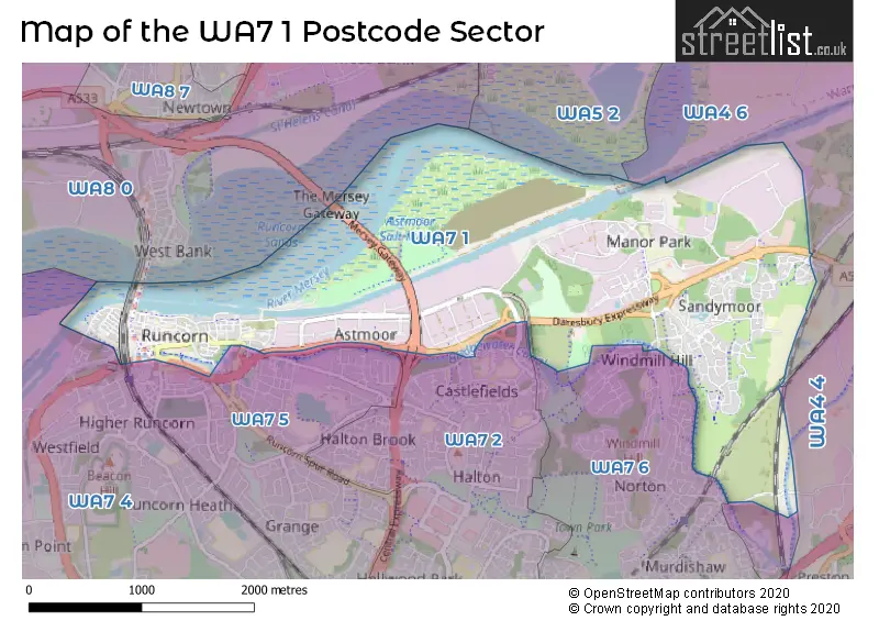 Map of the WA7 1 and surrounding postcode sector