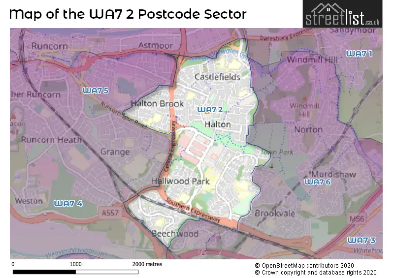 Map of the WA7 2 and surrounding postcode sector