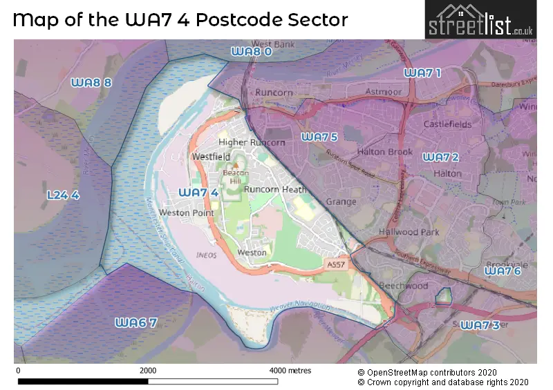 Map of the WA7 4 and surrounding postcode sector