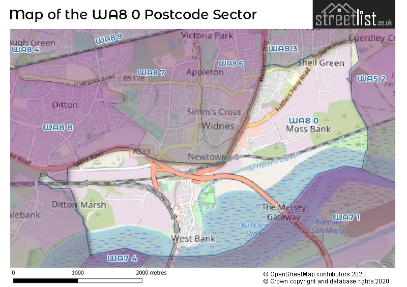 Map of the WA8 0 and surrounding postcode sector