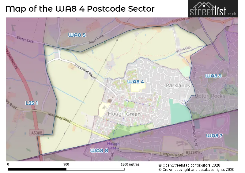 Map of the WA8 4 and surrounding postcode sector