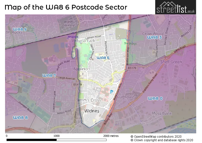 Map of the WA8 6 and surrounding postcode sector