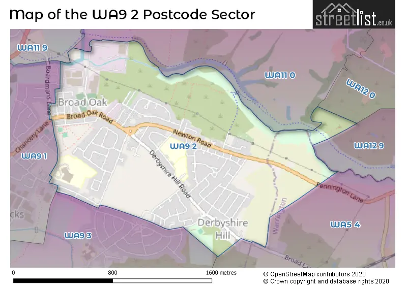 Map of the WA9 2 and surrounding postcode sector