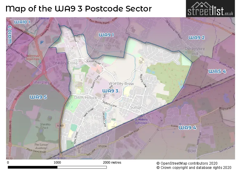 Map of the WA9 3 and surrounding postcode sector