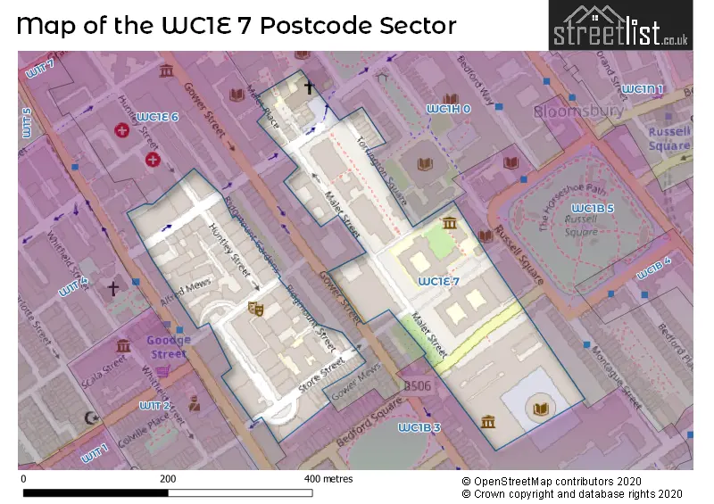 Map of the WC1E 7 and surrounding postcode sector