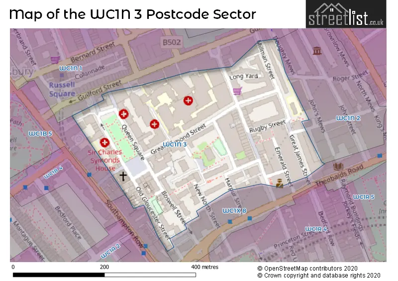 Map of the WC1N 3 and surrounding postcode sector