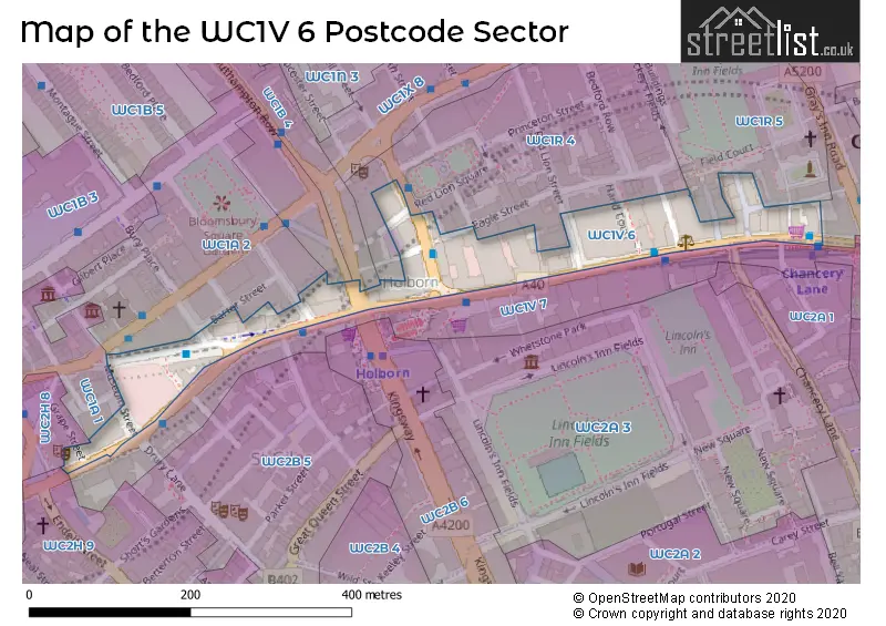 Map of the WC1V 6 and surrounding postcode sector