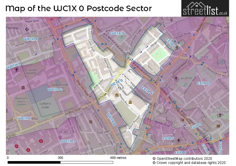 Map of the WC1X 0 and surrounding postcode sector