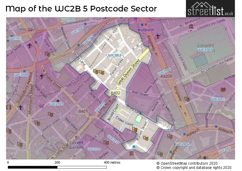 Map of the WC2B 5 and surrounding postcode sector