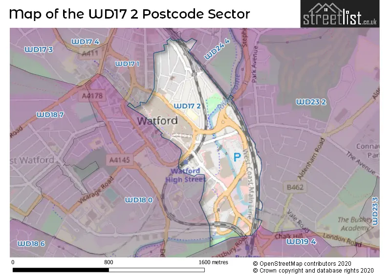 Map of the WD17 2 and surrounding postcode sector