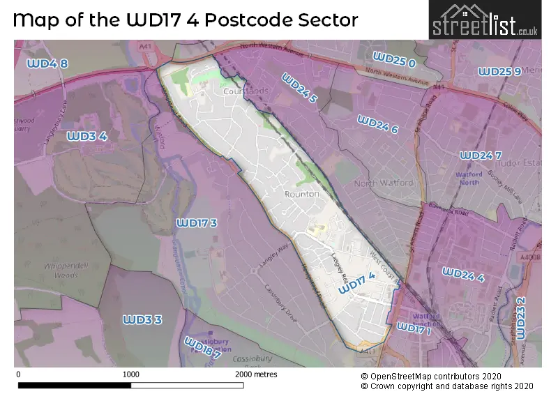 Map of the WD17 4 and surrounding postcode sector