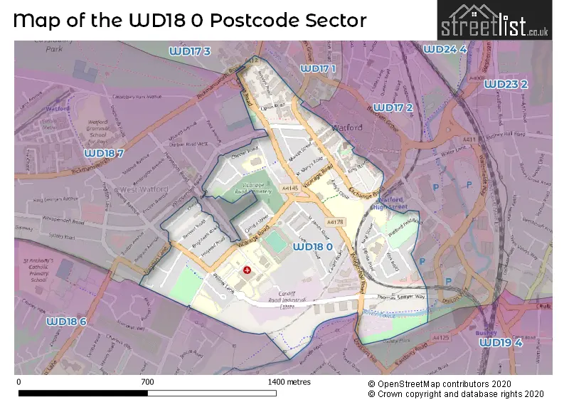 Map of the WD18 0 and surrounding postcode sector