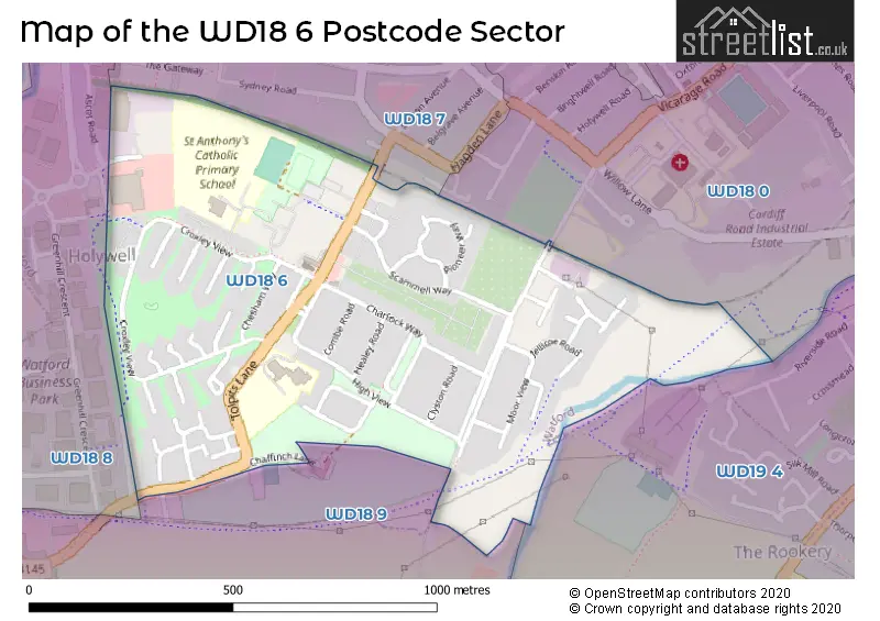 Map of the WD18 6 and surrounding postcode sector