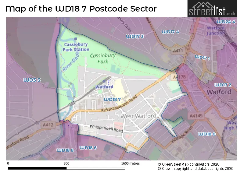 Map of the WD18 7 and surrounding postcode sector