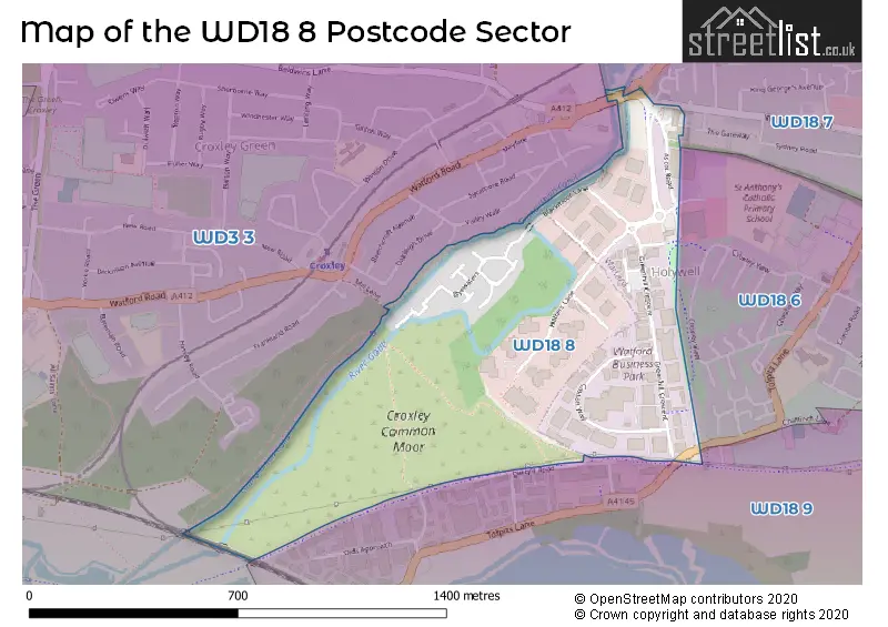 Map of the WD18 8 and surrounding postcode sector