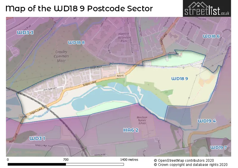 Map of the WD18 9 and surrounding postcode sector