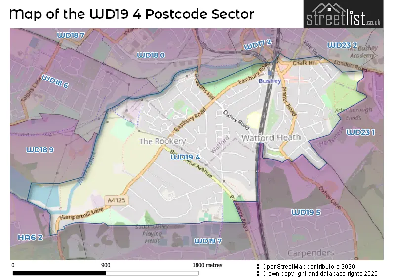 Map of the WD19 4 and surrounding postcode sector