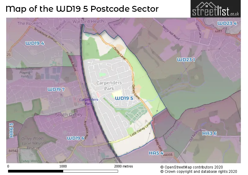 Map of the WD19 5 and surrounding postcode sector