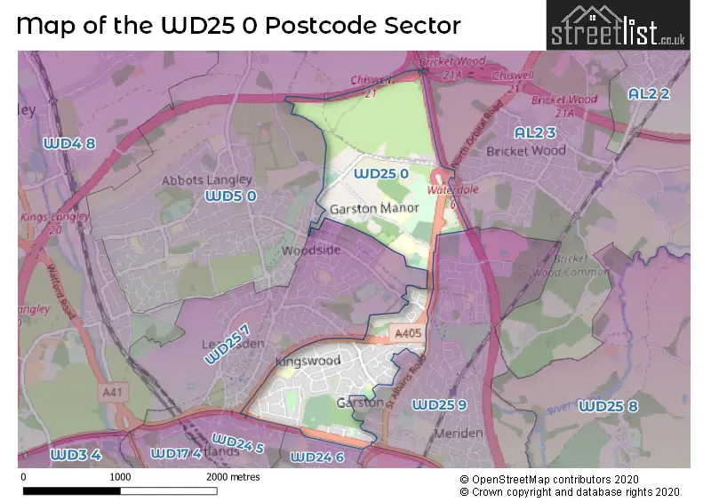 Map of the WD25 0 and surrounding postcode sector