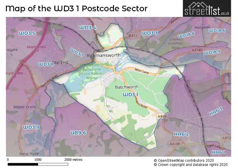 Map of the WD3 1 and surrounding postcode sector