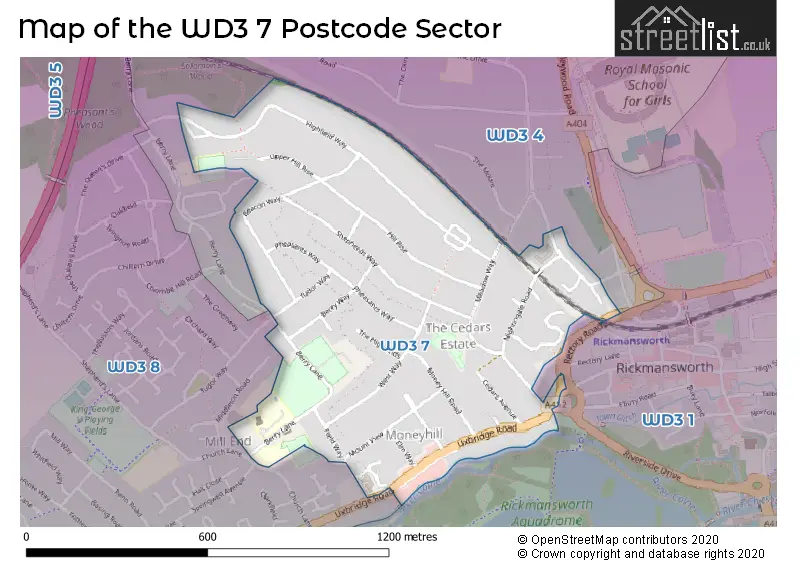 Map of the WD3 7 and surrounding postcode sector