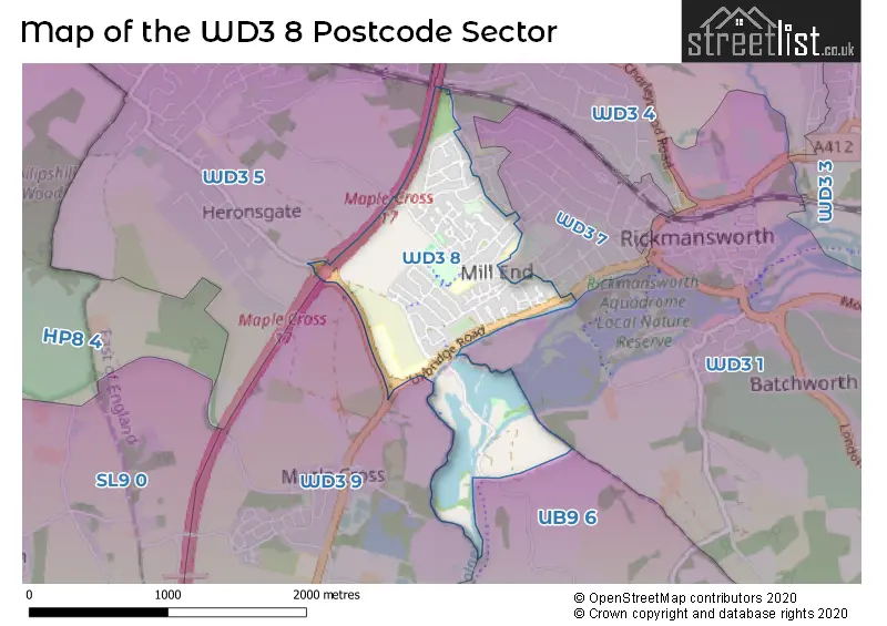 Map of the WD3 8 and surrounding postcode sector