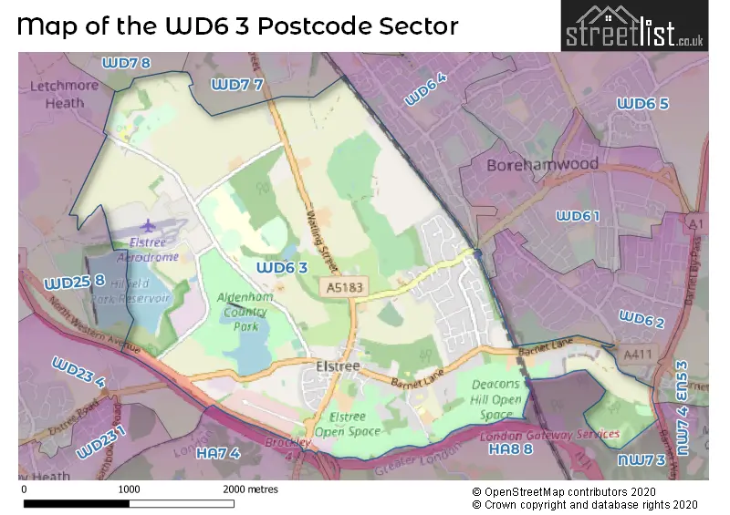 Map of the WD6 3 and surrounding postcode sector