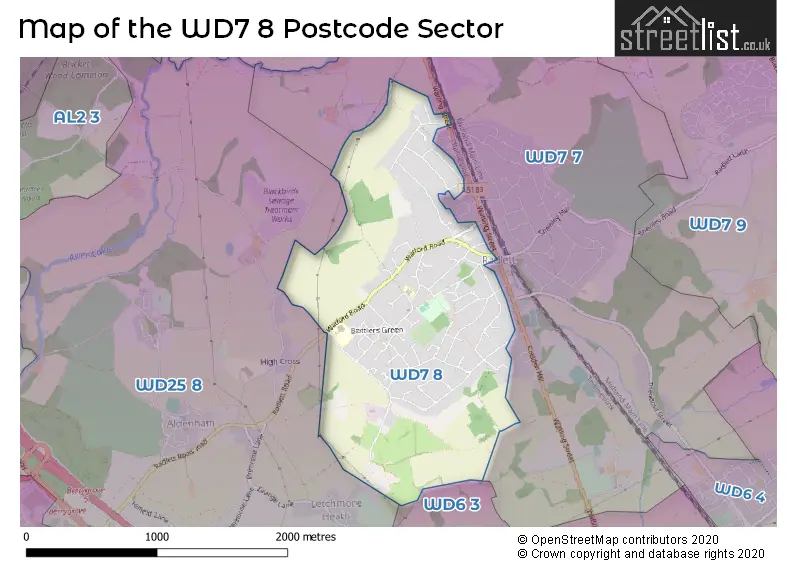 Map of the WD7 8 and surrounding postcode sector