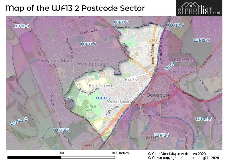 Map of the WF13 2 and surrounding postcode sector