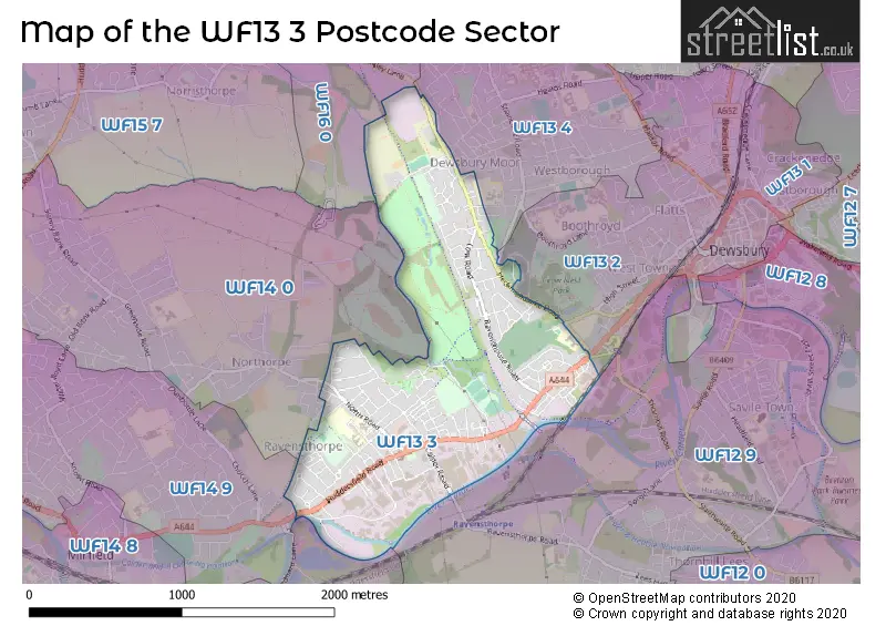 Map of the WF13 3 and surrounding postcode sector