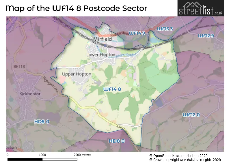 Map of the WF14 8 and surrounding postcode sector