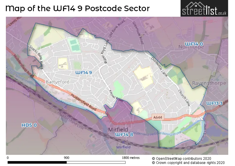 Map of the WF14 9 and surrounding postcode sector