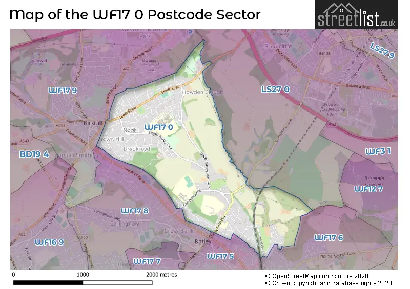 Map of the WF17 0 and surrounding postcode sector