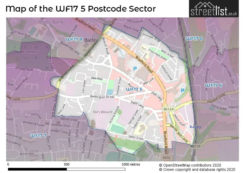 Map of the WF17 5 and surrounding postcode sector