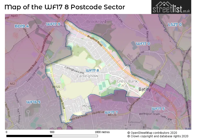 Map of the WF17 8 and surrounding postcode sector