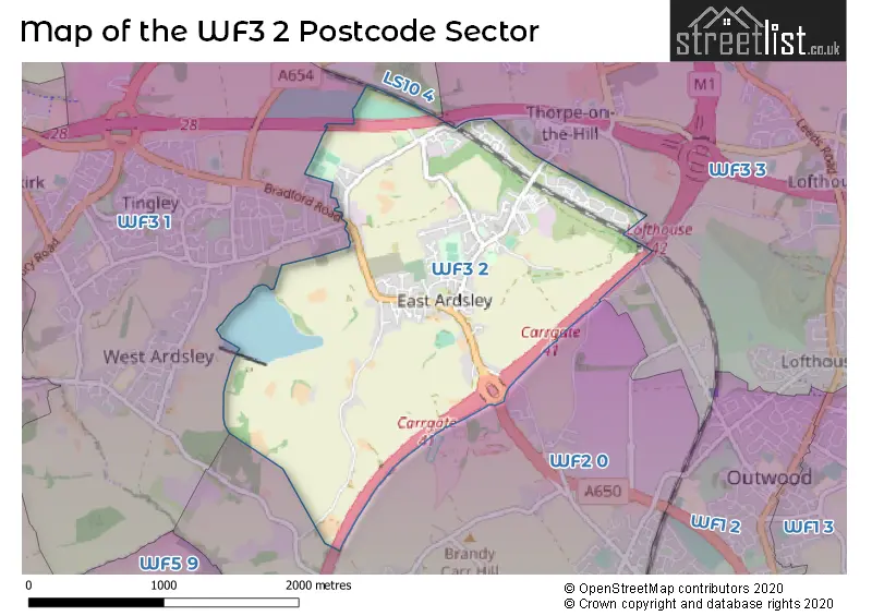 Map of the WF3 2 and surrounding postcode sector