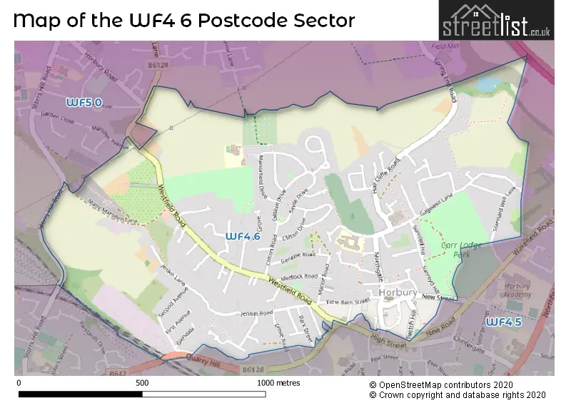 Map of the WF4 6 and surrounding postcode sector