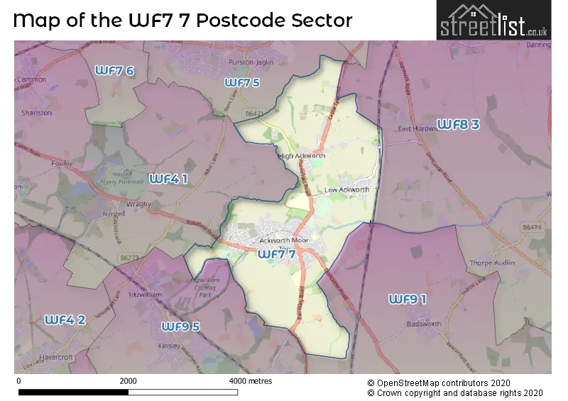 Map of the WF7 7 and surrounding postcode sector