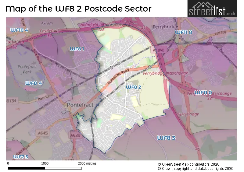 Map of the WF8 2 and surrounding postcode sector