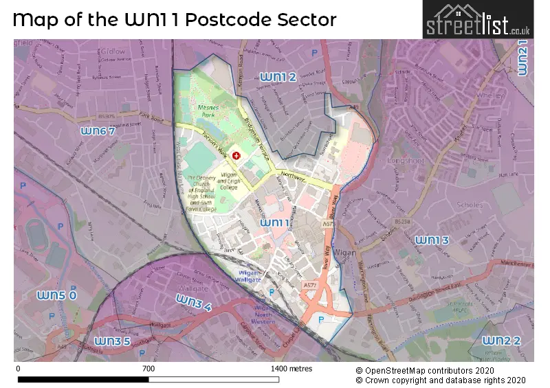 Map of the WN1 1 and surrounding postcode sector