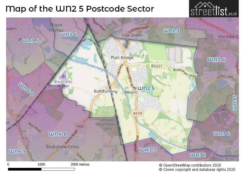 Map of the WN2 5 and surrounding postcode sector